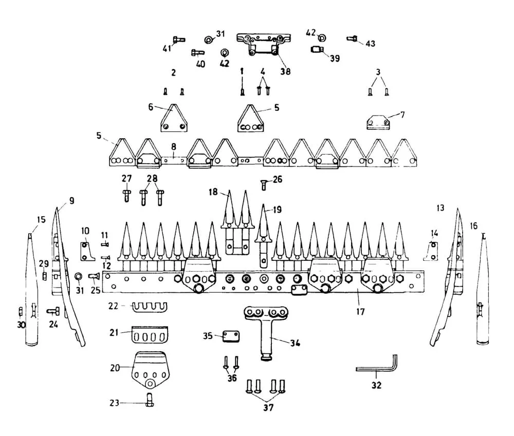 Nosník prstů + nůž pro střední střih jednotlivé díly E.S.M.