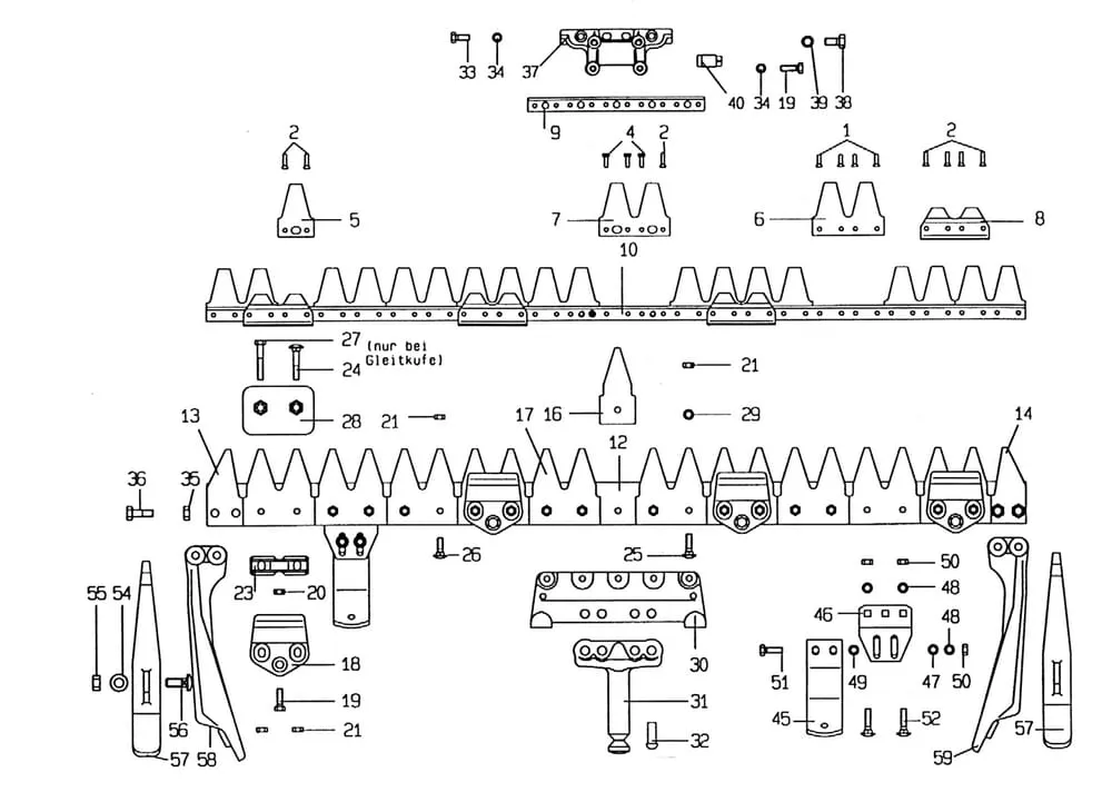 Nosník žací lišty + Univerzální nůž jednotlivé díly E.S.M.