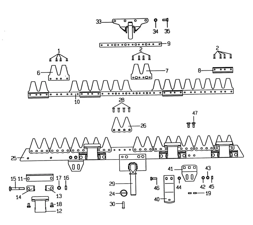 - jednotlivé díly nosníku žací lišty + nůž Hobby PC A.S.M.