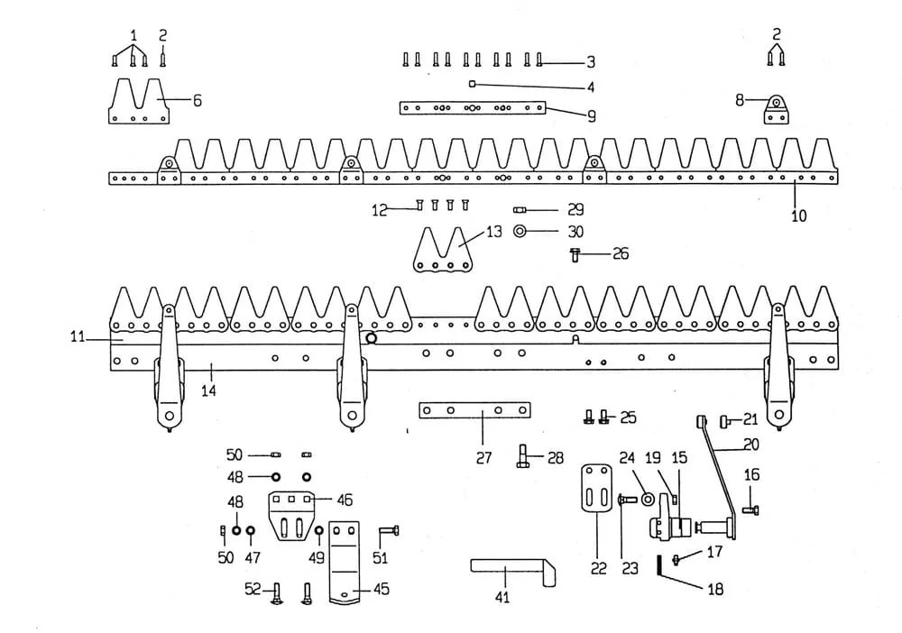 Jednotlivé díly pro nosník žací lišty + nůž komunální technika E.S.M.