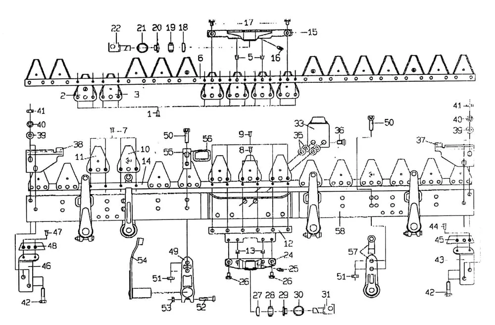 E.S.M. Nosník žací lišty s dvojitým nožem - střední pohon jednotlivé díly