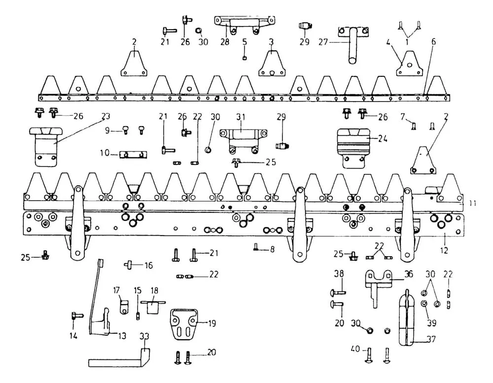 Nosník žací lišty+ nůž pro dvojnožové stříhací ústrojí se středním pohonem jednotlivé díly E.S.M.