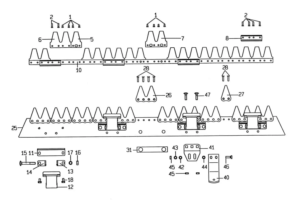 ESM - Jednotlivé díly nosníku žací lišty + nůž Univerzální SC ( 2-děrové připojení )