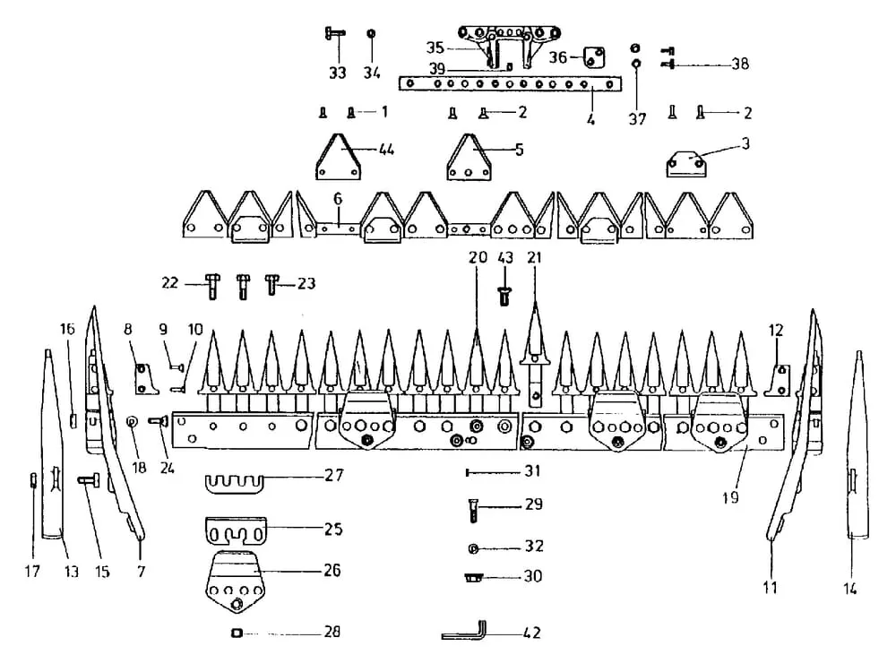 Prstový nosník + nůž střední střih jednotlivé díly E.S.M.