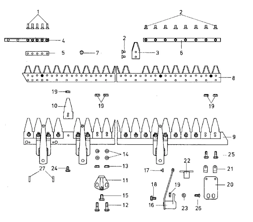Nosník žací lišty + ohnutý nůž jednotlivé díly