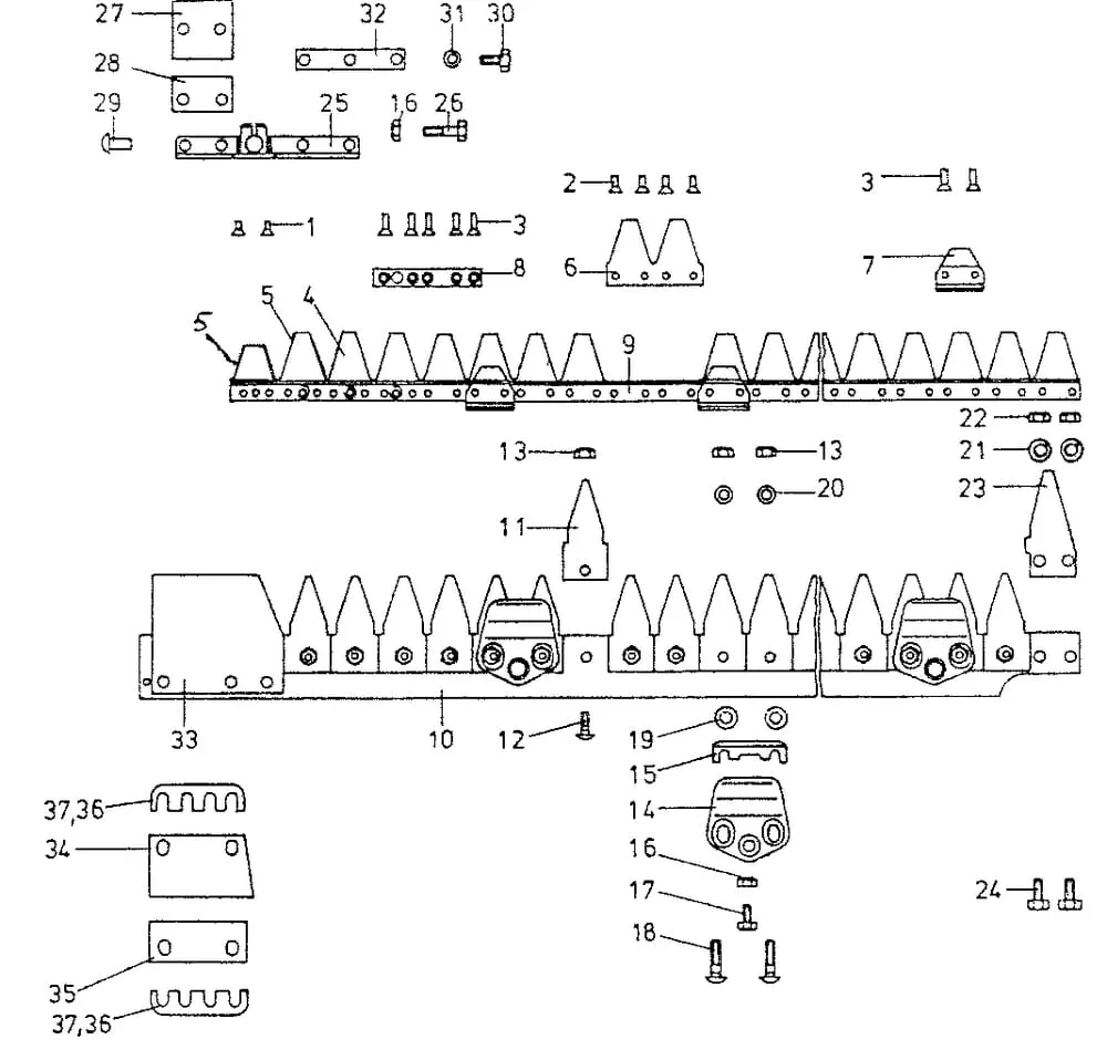 Nosník žací lišty+ nůž pro řádkovaný střih jednotlivé díly E.S.M.