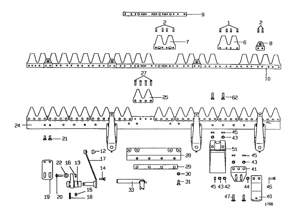 - jednotlivé díly výkyvného nosníku žací lišty + nože E.S.M.