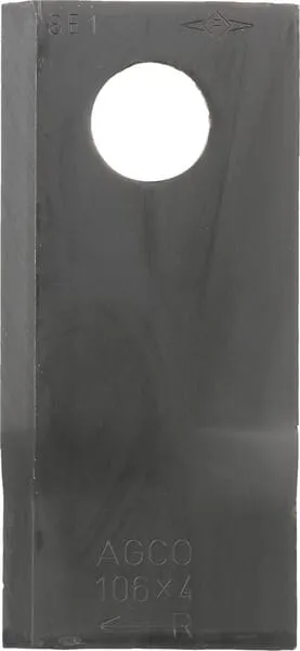 Nůž rotační sekačky rotace vpravo 106 x 48 x 4 mm; otvor Ø 19 mm; vhodný pro Fella