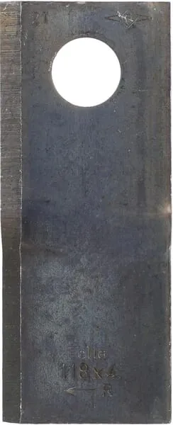 Nůž rotační sekačky rotace vpravo 118 x 48 x 4 mm; otvor Ø 19 mm; vhodný pro Fella