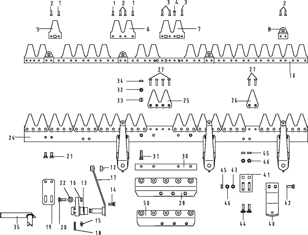 ESM - jednotlivé součásti žací lišty s pákou kulisy