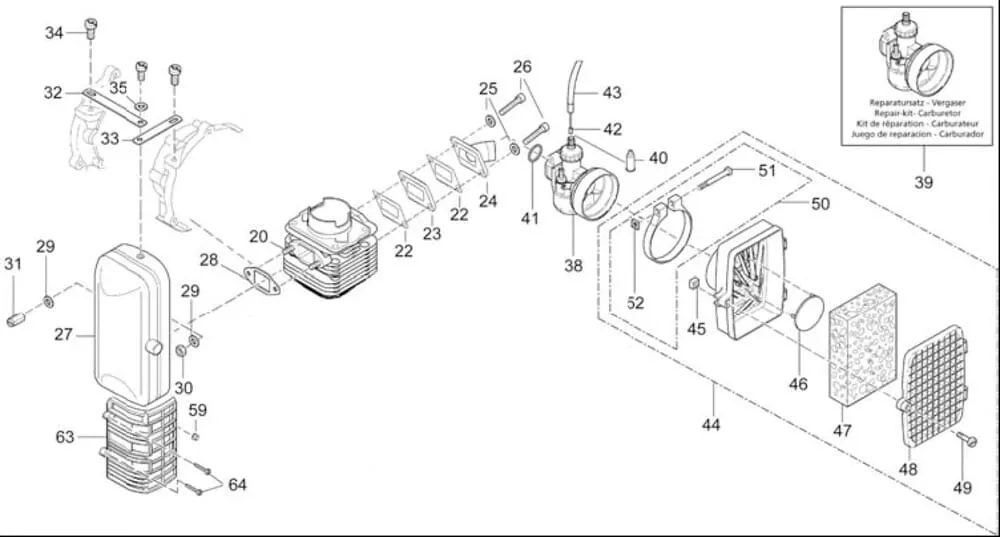 Karburátor, vzduchový filtr, výfuk