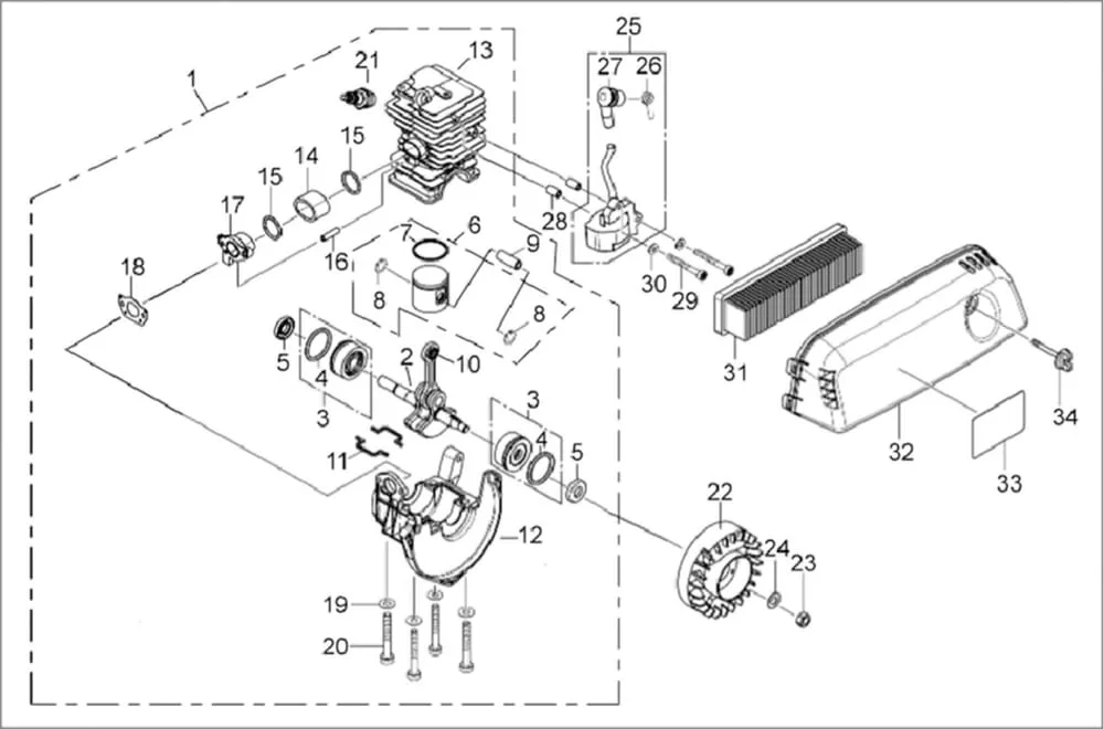Motorová jednotka, klikový hřídel, válec, zapalování