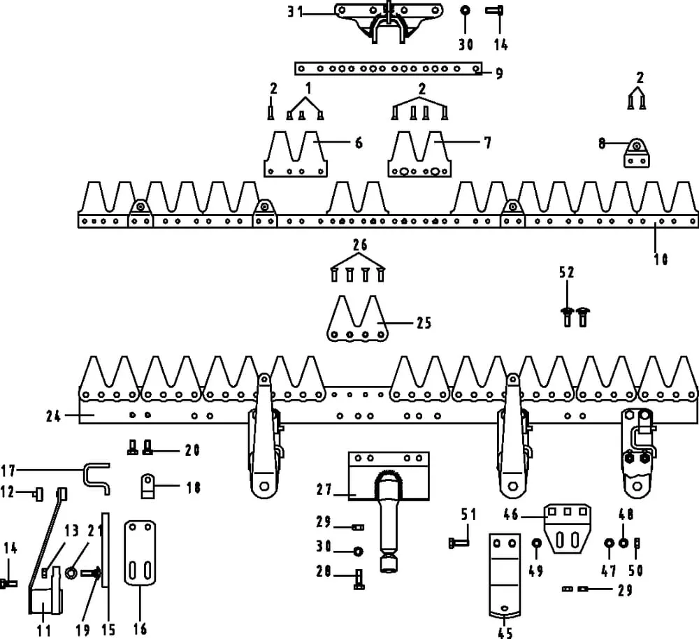 ESM - jednotlivé součásti žací lišty Hobby s pákou kulisy (rozměr nožové hlavy 40 mm),