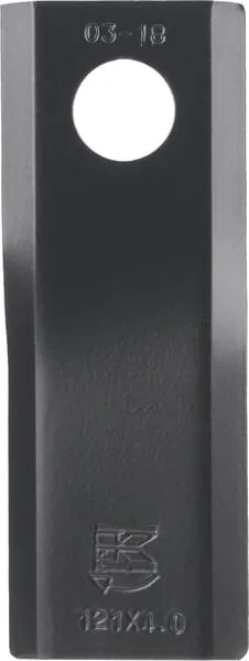Nůž rotační sekačky rotace vpravo 122 x 45 x 4 mm; otvor Ø 18,25 mm; vhodný pro Kuhn / Claas / John Deere / New Holland; 25 ks/bal.