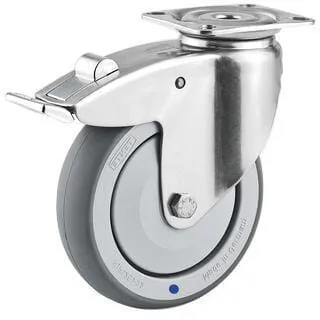 Otočná kola z nerezové oceli s dvojitou brzdou, upevňovací destičkou a gumovým běhounem 50 – 100kg