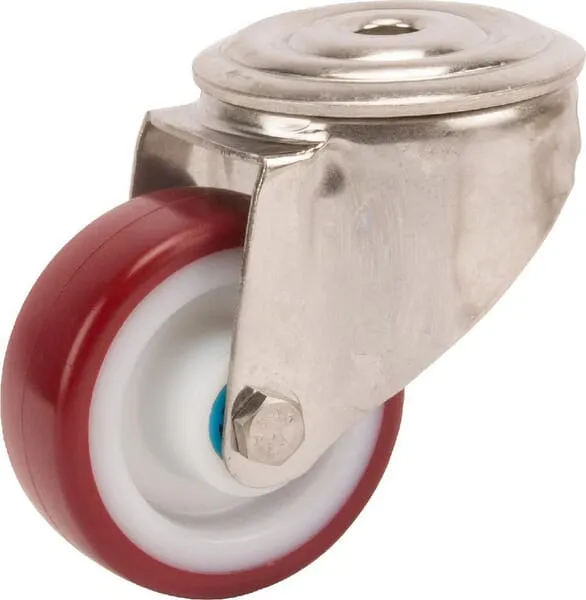 Otočná kola z nerezové oceli s upevňovacím otvorem a červeným polyuretanovým běhounem 100 – 150kg