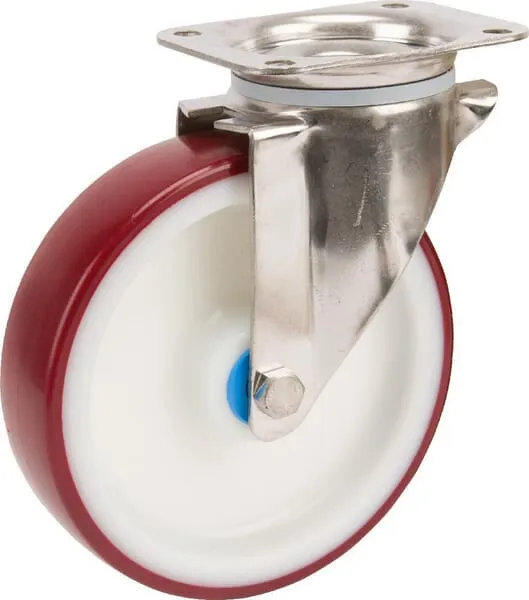 Otočná kola z nerezové oceli s upevňovací destičkou a červeným polyuretanovým běhounem 100 – 400kg