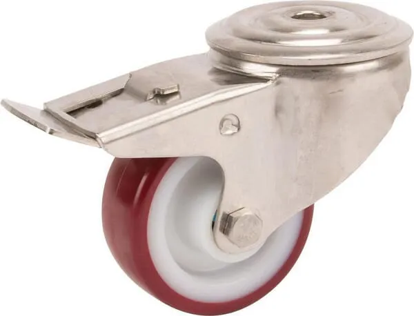 Otočná kola z nerezové oceli s dvojitou brzdou, upevňovacím otvorem a červeným polyuretanovým běhounem 100 – 150kg