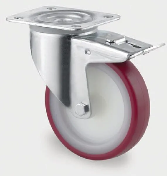 Otočná kola z nerezové oceli s dvojitou brzdou, upevňovací destičkou a červeným polyuretanovým běhounem 100 – 400kg