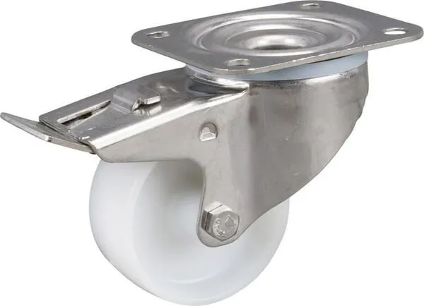 Otočná kola z nerezové oceli s dvojitou brzdou, upevňovací deskou a polyamidovým kolem 200 – 500kg