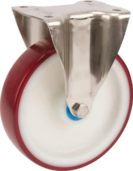Pevná otočná kola z nerezové oceli s upevňovací destičkou a červeným polyuretanovým běhounem 100 – 400kg