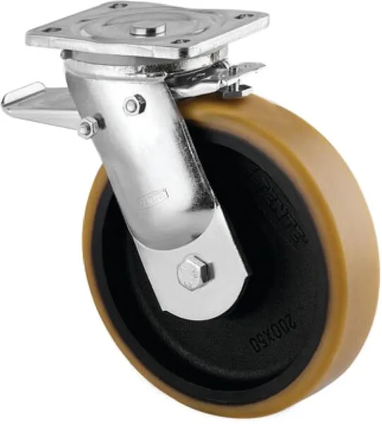 Otočná kola s dvojitou brzdou, upevňovací destičkou a polyuretanovým běhounem 600 – 1440kg