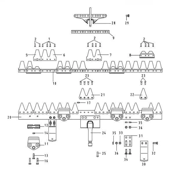 - jednotlivé díly nosníku žací lišty + nůž Hobby A..S.M.
