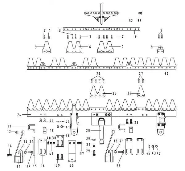 - jednotlivé díly nosníku žací lišty + kosa Hobby jednotlivé díly E.S.M.