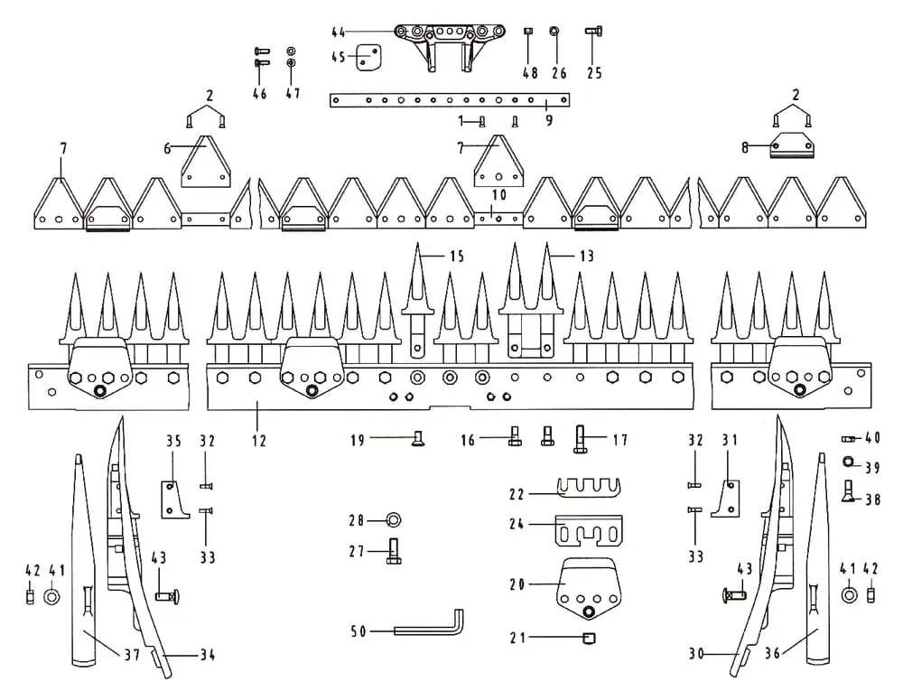 - jednotlivé díly - nosník prstů + Kosa pro střední střih 72x12 E.S.M.
