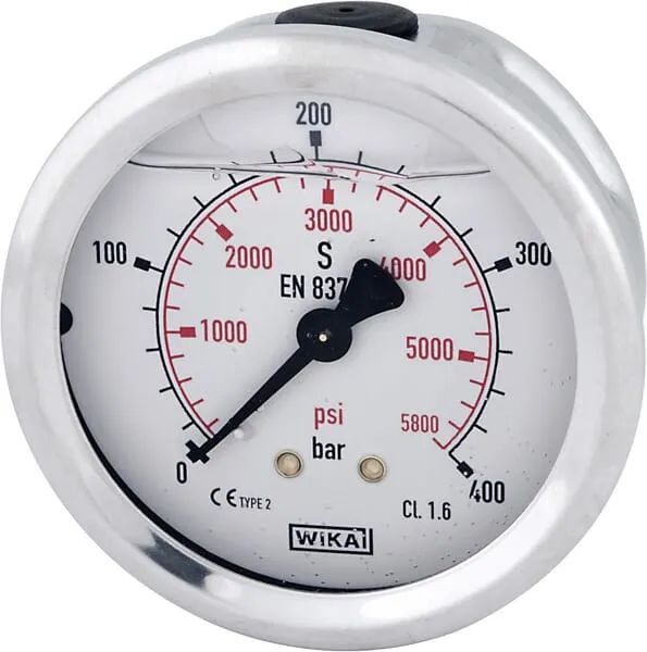 Tlakoměr glycerinový, Ø63 mm, 400 bar, zadní připojení 1/4"