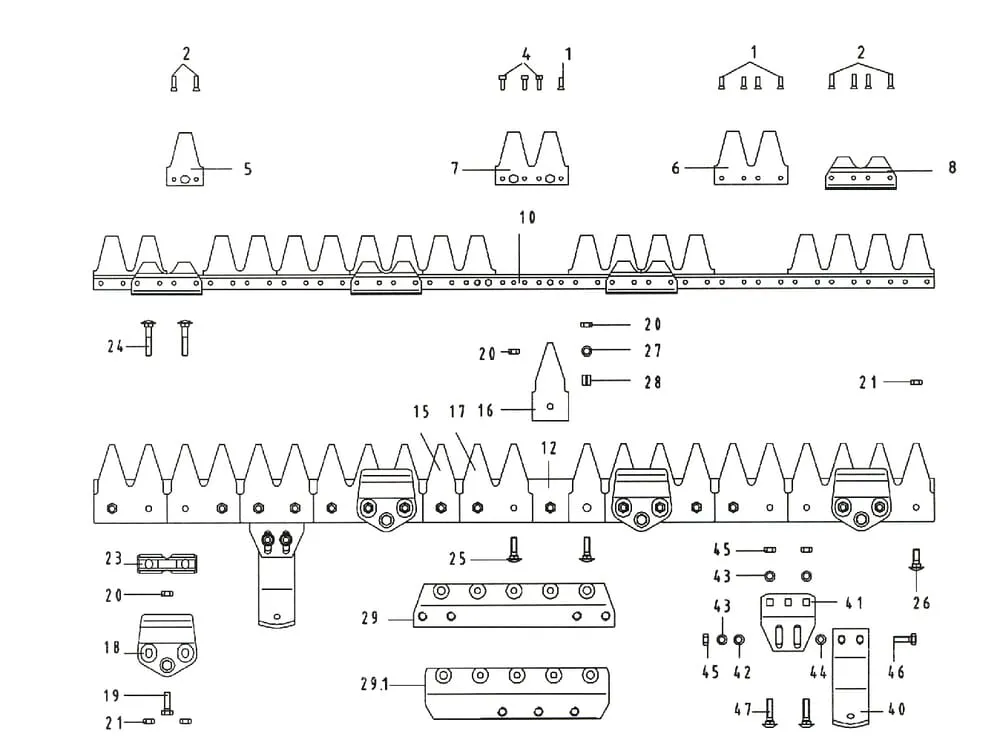 - jednotlivé díly žací lišty + kosy Univerzální E.S.M.