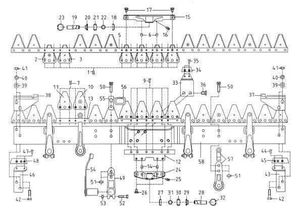 - Jednotlivé díly nože pro žací lištu + kosu pro dvojkosou žací lištu se středním pohonem E.S.M.