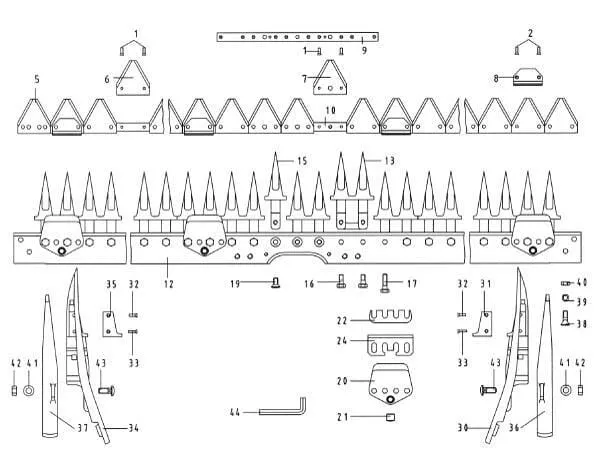 Nosník prstů + nůž pro střední střih jednotlivé díly E.S.M.