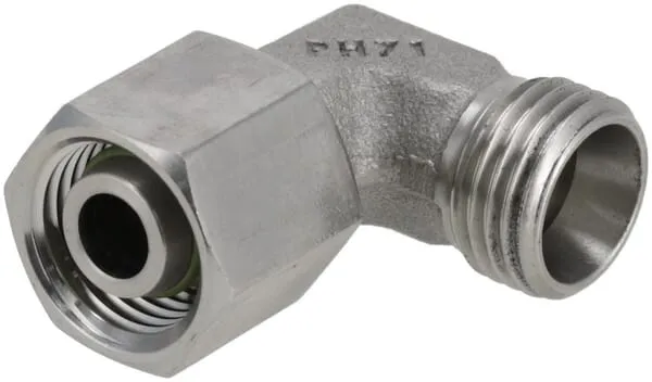 Nastavitelné úhlové spojky 90° z nerezové oceli, převlečná matice metrická x řezný kroužek metrický