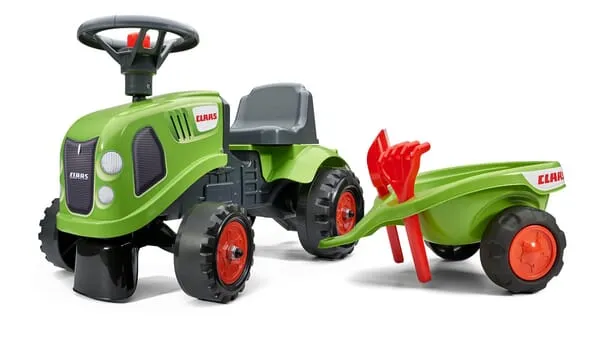 F212C Odrážecí traktor Baby Claas s přívěsem, hráběmi a lopatkou
