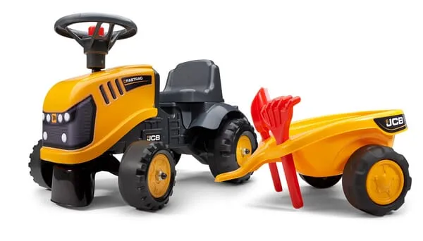 F215C Odrážecí traktor Baby JCB s přívěsem, hráběmi a lopatkou
