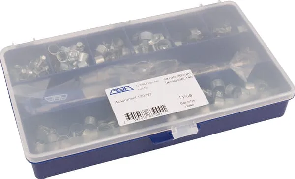 Sortiment hadicových spon MSZP, v organizéru