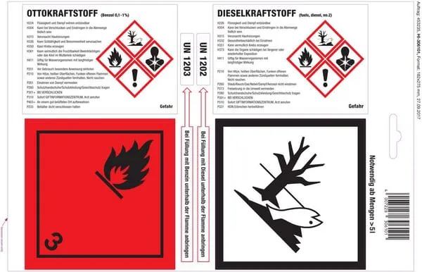 Labels for attaching to petrol or diesel containers