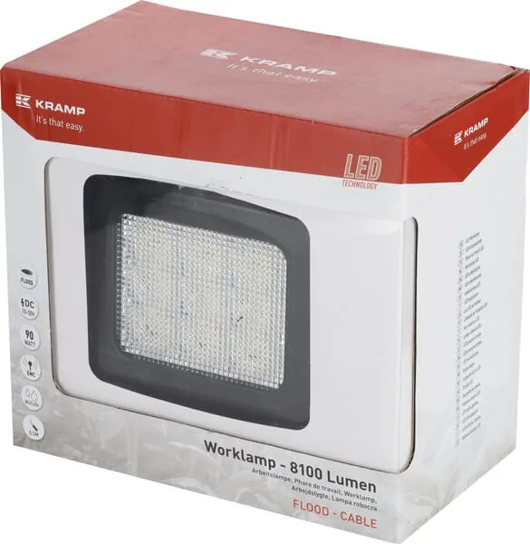 Pracovní světlo LED 90 W, 8100 lm, čtvercové, 10/30 V, 135x124 mm, širokoúhlé, 9 LED, Kramp