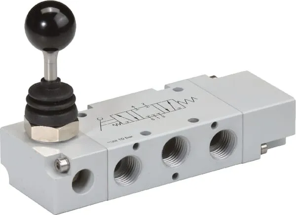 5/3cestný ruční pákový ventil, uzavřená střední poloha, aretační