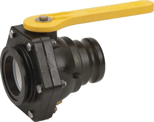 2cestné kulové ventily Banjo, přírubová spojka/Camlock vnější závit, krátký model