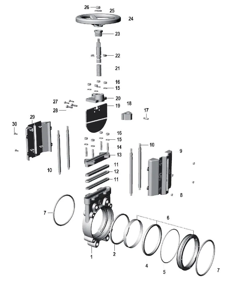 +MZ Metal knife valve with handwheel 8" spare parts - with discharge