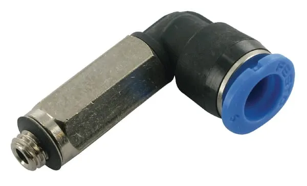 L-dlouhé blokovací zásuvné šroubení výkyvné s vnějším závitem a vnějším šestihranem MEC