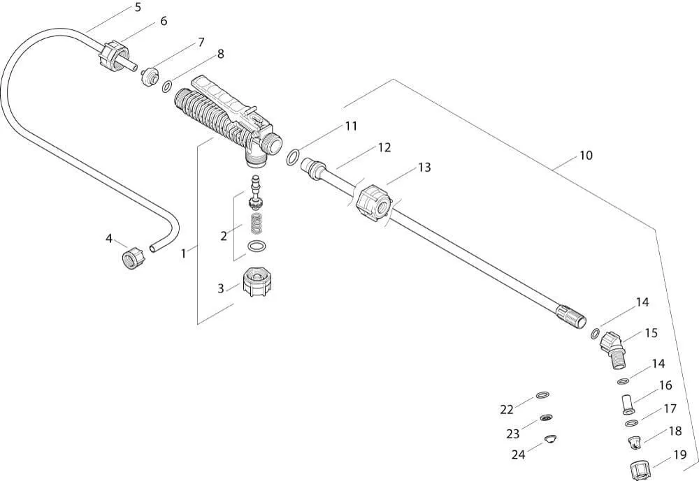 Hadice, ruční ventil a rozstřikovací trubka