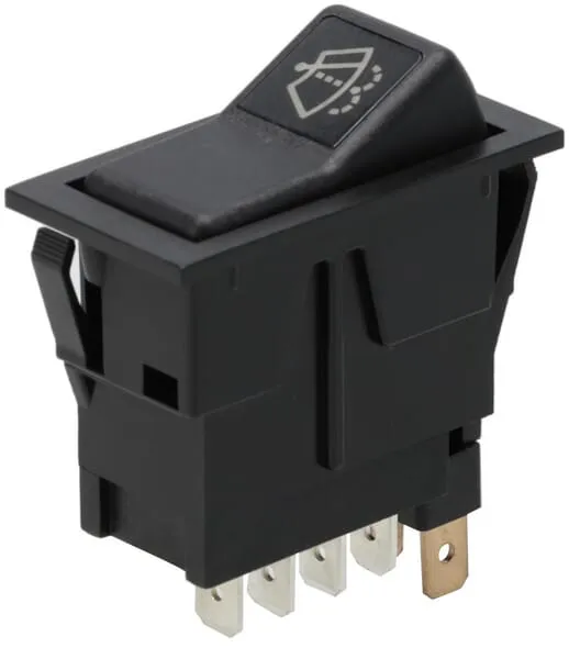 Kolébkový spínač, I-0-(II), on-on-mom, 12V, 8pólový, ostřikovače čelního skla