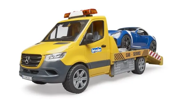 U02675 Odtahové vozidlo MB Sprinter se sportovním automobilem BRUDER, se světelnou a zvukovou signalizací