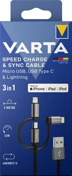 Kabel pro rychlé nabíjení a synchronizaci 3v1, USB-A / Micro USB / USB-C, Lightning